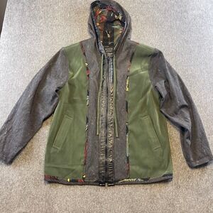 Koos of Course! Hooded Jacket Unique Print Trim Full Zip Olive Green M Artsy